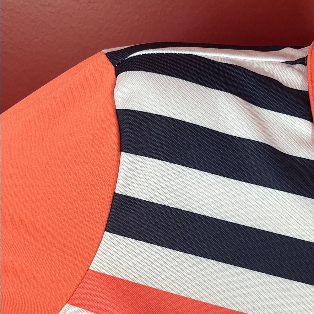 Like new Izod Women's 1/4 zip Down Shirt - Coral, White, and Navy Stripes - Picture 4 of 12